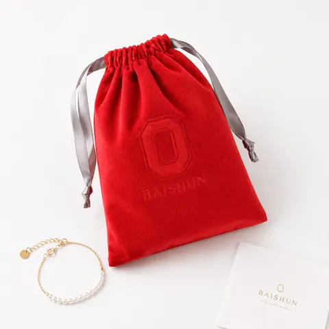 Red Embossed Velvet-Look Drawstring Pouch