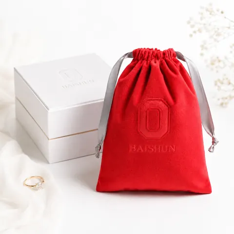 Red Embossed Velvet-Look Drawstring Pouch — product gallery view