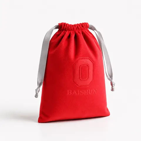 Red Embossed Velvet-Look Drawstring Pouch — product gallery view