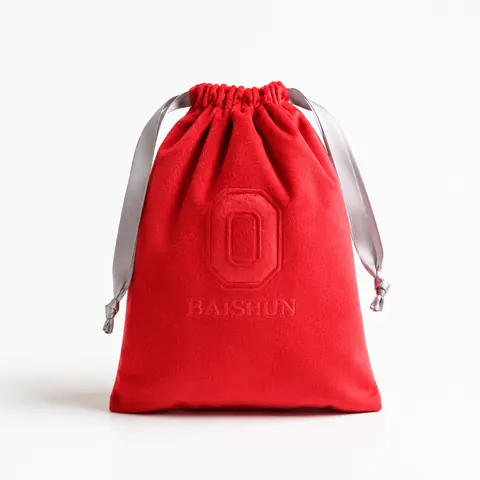 Red Embossed Velvet-Look Drawstring Pouch — product gallery view