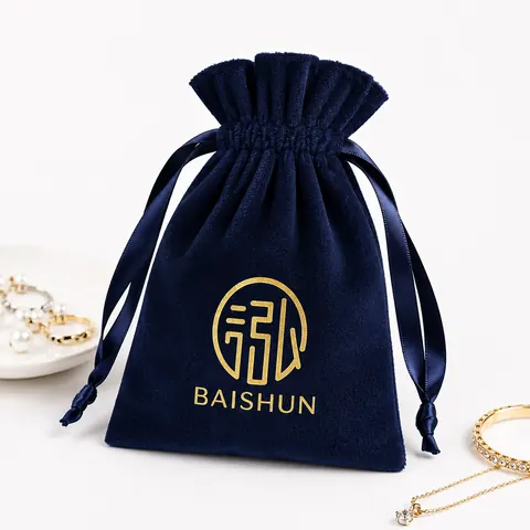 Navy Gold-Motif Velvet-Look Pouch — product gallery view