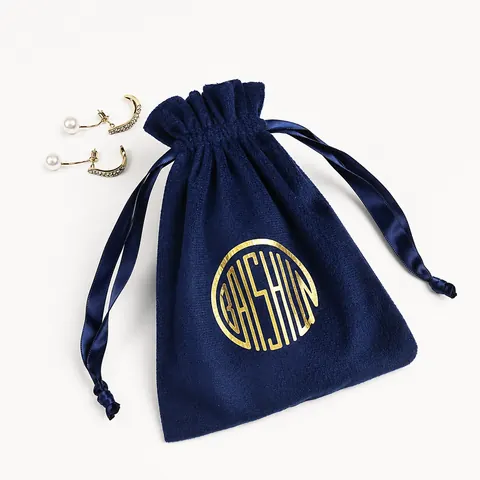 Navy Gold-Motif Velvet-Look Pouch — product gallery view