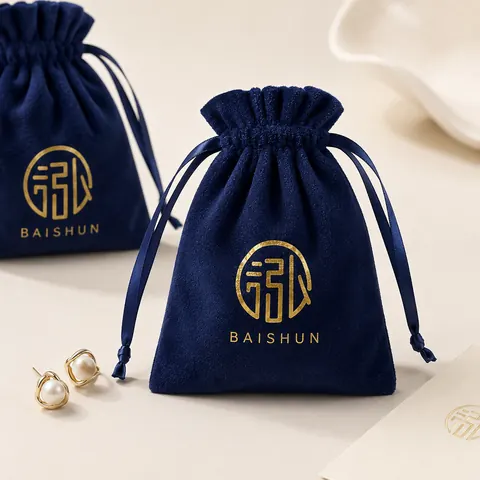 Navy Gold-Motif Velvet-Look Pouch — product gallery view