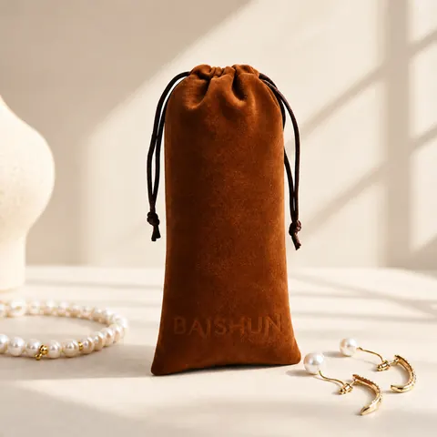 Caramel Brown Velvet-Look Long Pouch — product gallery view