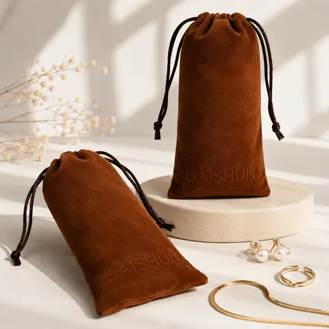 Caramel Brown Velvet-Look Long Pouch — product gallery view