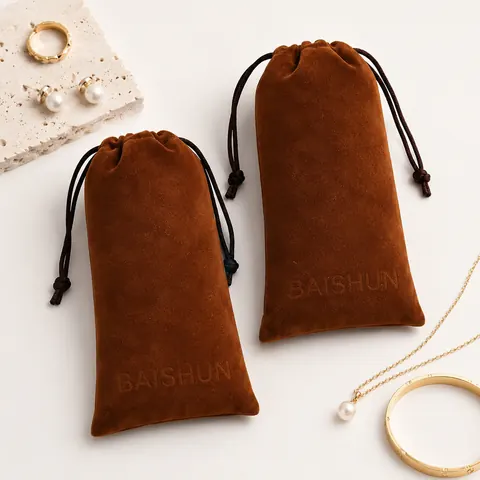 Caramel Brown Velvet-Look Long Pouch — product gallery view