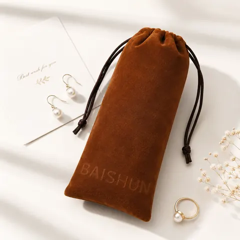 Caramel Brown Velvet-Look Long Pouch — product gallery view