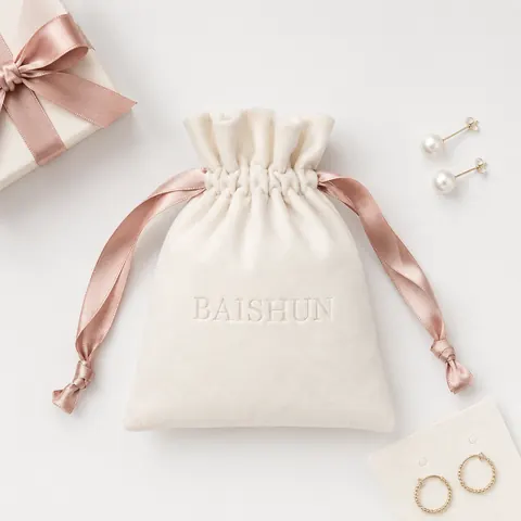 Ivory Velvet-Look Pink-Ribbon Pouch