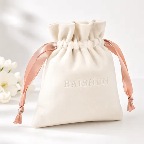 Ivory Velvet-Look Pink-Ribbon Pouch — product gallery view