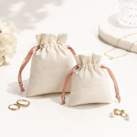 Ivory Velvet-Look Pink-Ribbon Pouch — product gallery view