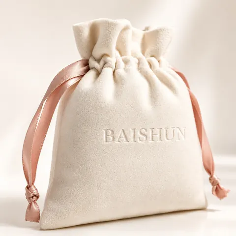 Ivory Velvet-Look Pink-Ribbon Pouch — product gallery view