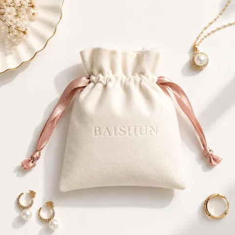 Ivory Velvet-Look Pink-Ribbon Pouch — product gallery view