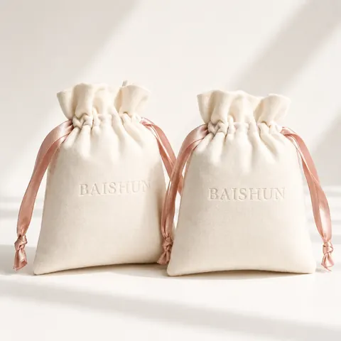 Ivory Velvet-Look Pink-Ribbon Pouch — product gallery view