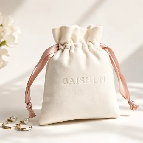 Ivory Velvet-Look Pink-Ribbon Pouch — product gallery view