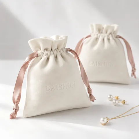 Ivory Velvet-Look Pink-Ribbon Pouch — product gallery view