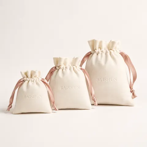 Ivory Velvet-Look Pink-Ribbon Pouch — product gallery view