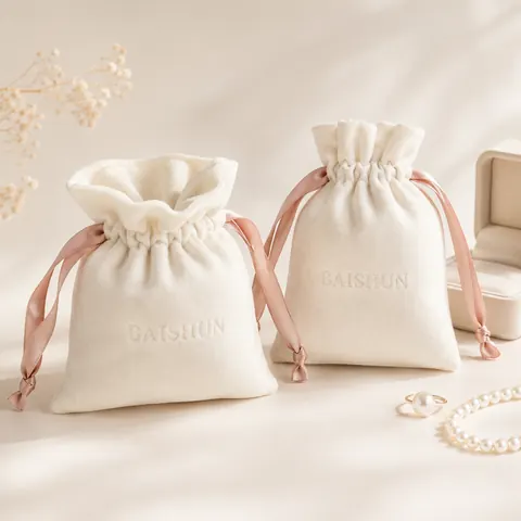 Ivory Velvet-Look Pink-Ribbon Pouch — product gallery view