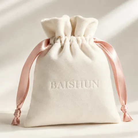 Ivory Velvet-Look Pink-Ribbon Pouch — product gallery view