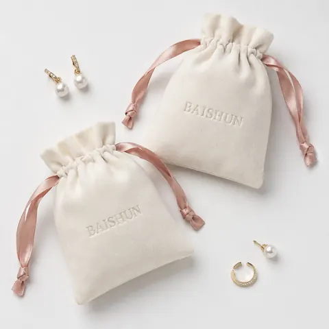 Ivory Velvet-Look Pink-Ribbon Pouch — product gallery view