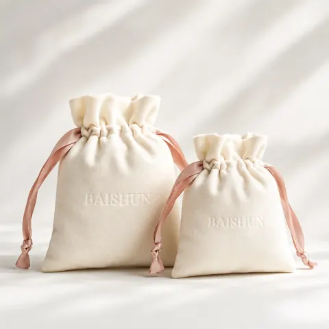 Ivory Velvet-Look Pink-Ribbon Pouch — product gallery view