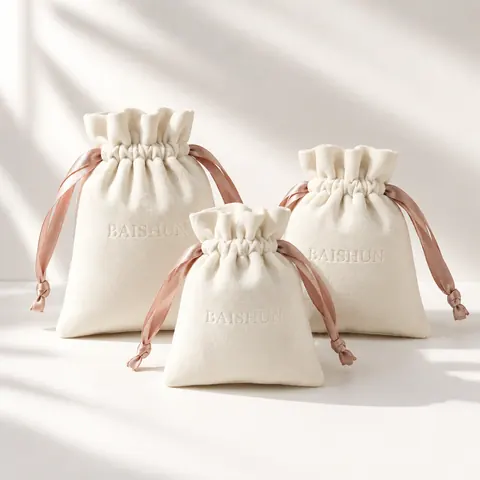 Ivory Velvet-Look Pink-Ribbon Pouch — product gallery view