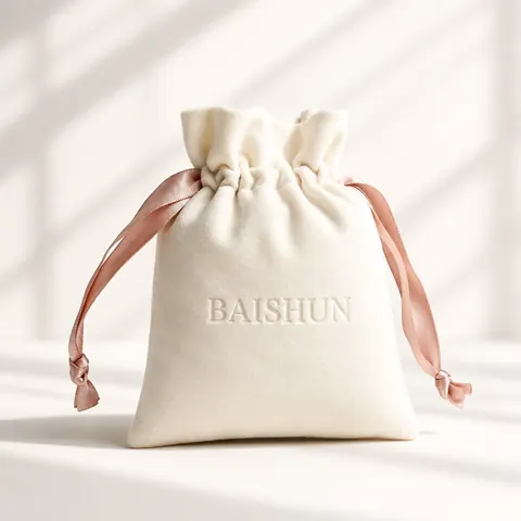 Ivory Velvet-Look Pink-Ribbon Pouch — product gallery view