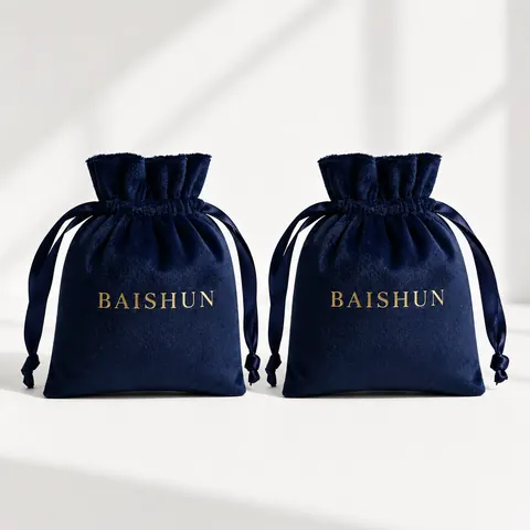 Navy Gold-Mark Velvet-Look Drawstring Pouch