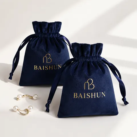 Navy Gold-Mark Velvet-Look Drawstring Pouch — product gallery view