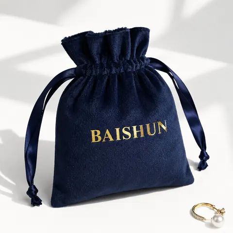 Navy Gold-Mark Velvet-Look Drawstring Pouch — product gallery view