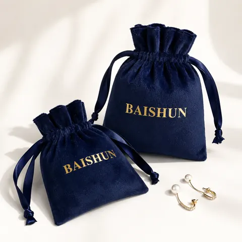 Navy Gold-Mark Velvet-Look Drawstring Pouch — product gallery view