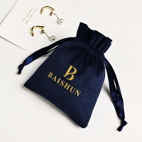 Navy Gold-Mark Velvet-Look Drawstring Pouch — product gallery view
