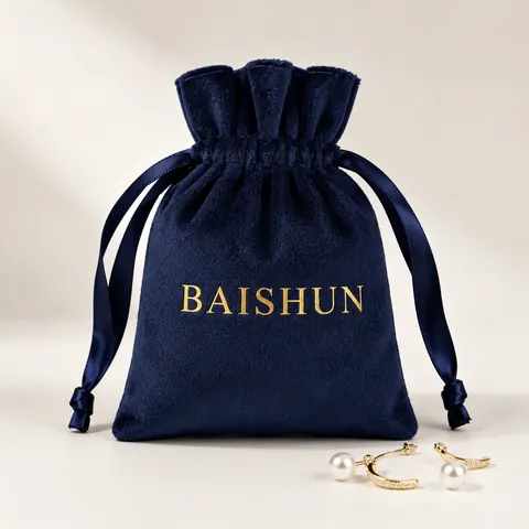 Navy Gold-Mark Velvet-Look Drawstring Pouch — product gallery view