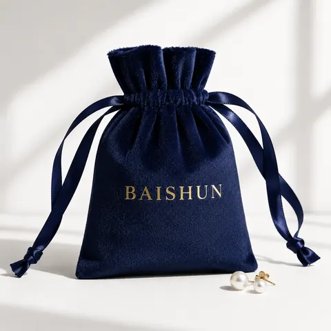 Navy Gold-Mark Velvet-Look Drawstring Pouch — product gallery view