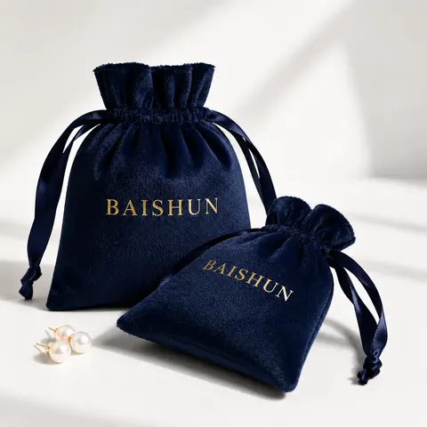Navy Gold-Mark Velvet-Look Drawstring Pouch — product gallery view