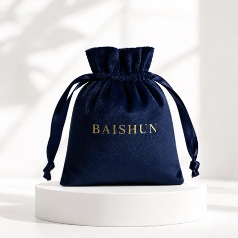 Navy Gold-Mark Velvet-Look Drawstring Pouch — product gallery view