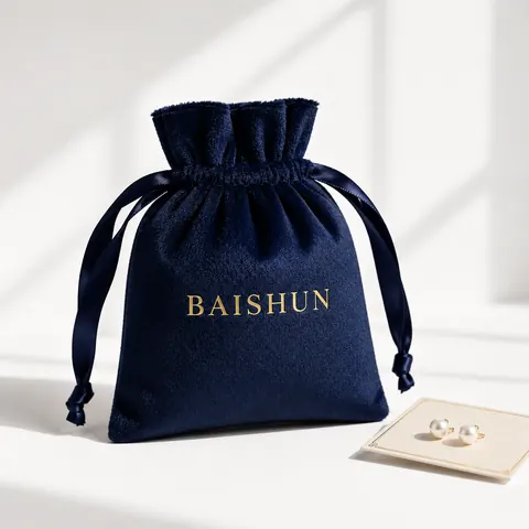 Navy Gold-Mark Velvet-Look Drawstring Pouch — product gallery view
