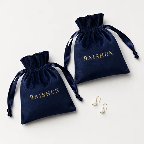 Navy Gold-Mark Velvet-Look Drawstring Pouch — product gallery view