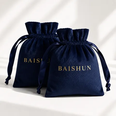 Navy Gold-Mark Velvet-Look Drawstring Pouch — product gallery view