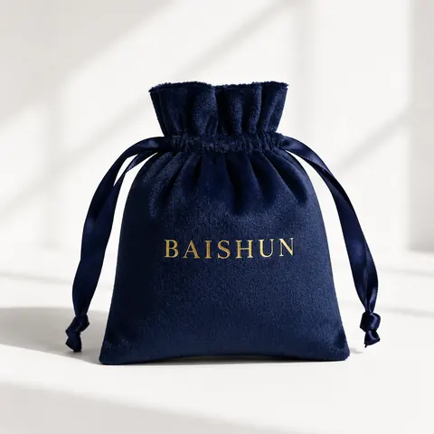 Navy Gold-Mark Velvet-Look Drawstring Pouch — product gallery view