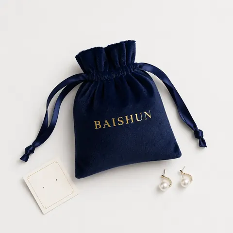 Navy Gold-Mark Velvet-Look Drawstring Pouch — product gallery view