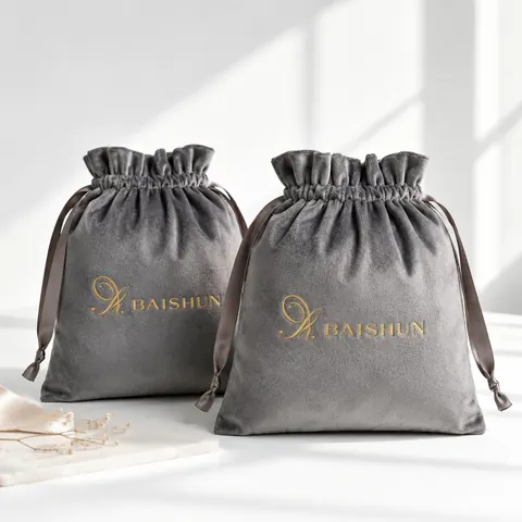 Gray Gold-Script Velvet-Look Pouch