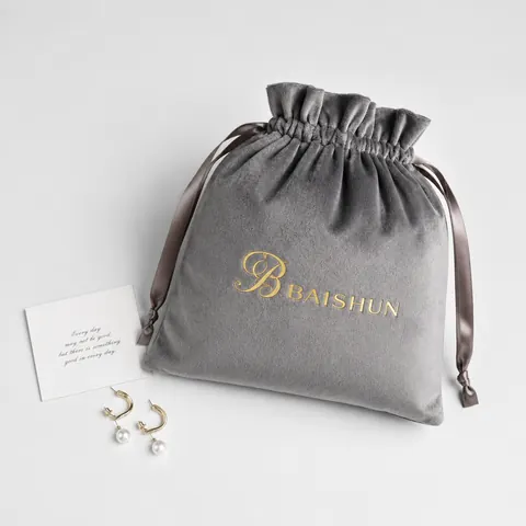 Gray Gold-Script Velvet-Look Pouch — product gallery view