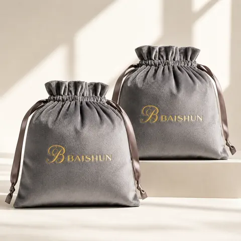 Gray Gold-Script Velvet-Look Pouch — product gallery view