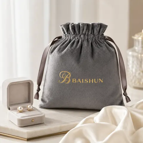 Gray Gold-Script Velvet-Look Pouch — product gallery view