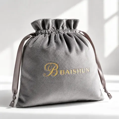 Gray Gold-Script Velvet-Look Pouch — product gallery view