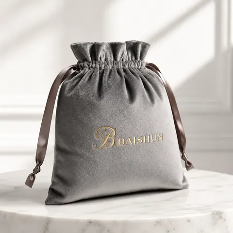 Gray Gold-Script Velvet-Look Pouch — product gallery view