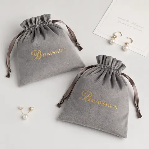 Gray Gold-Script Velvet-Look Pouch — product gallery view