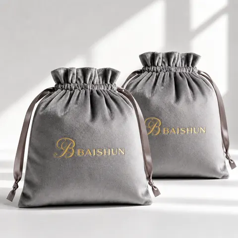 Gray Gold-Script Velvet-Look Pouch — product gallery view