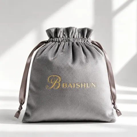 Gray Gold-Script Velvet-Look Pouch — product gallery view