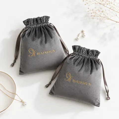 Gray Gold-Script Velvet-Look Pouch — product gallery view